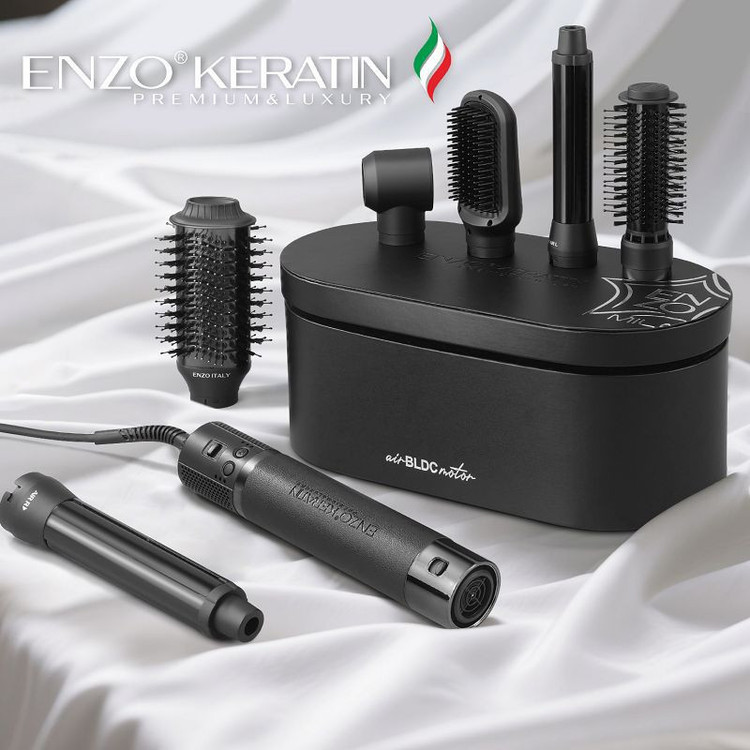 سشوار برسدار حالتدهنده حرفهای انزو پروفیشینال مدل KERATIN B1 با موتور BLDC، توان 1400 وات، فناوری گرمایش یونی و سرامیکی، 6 سری قابل تعویض، تنظیمات دما و سرعت سه حالته، کاهش وز مو، مناسب آرایشگاهی