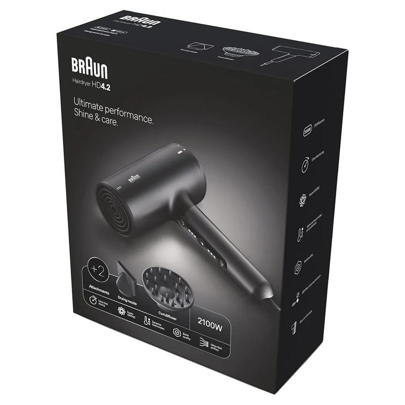سشوار حرفهای 2100 وات براون مدل HD425، موتور DC، وزن 500 گرم، دارای سری دیسپانسر، متمرکزکننده باریک با ویژگی فرکنندگی، صافکنندگی، حجمدهندگی، با قابلیت تنظیم دما