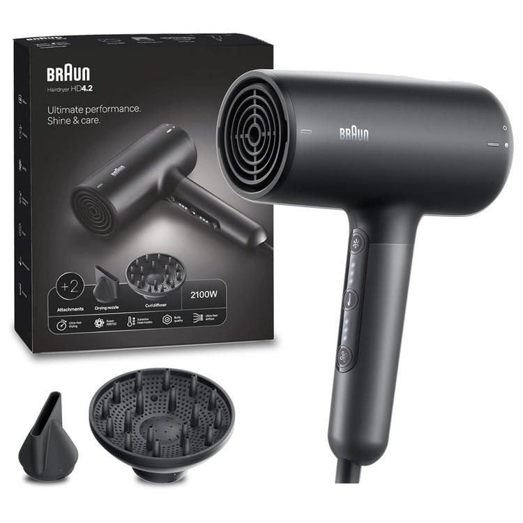 سشوار حرفهای 2100 وات براون مدل HD425، موتور DC، وزن 500 گرم، دارای سری دیسپانسر، متمرکزکننده باریک با ویژگی فرکنندگی، صافکنندگی، حجمدهندگی، با قابلیت تنظیم دما