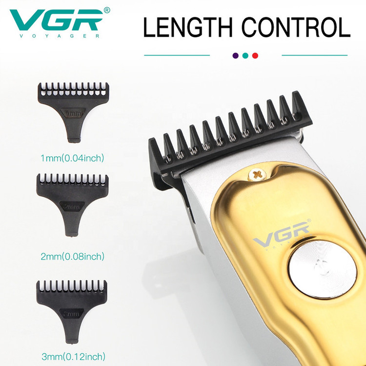 ماشین اصلاح موی سر و صورت وی جی ار مدل V-290 با تیغه استیل ضد زنگ، نمایشگر دیجیتال، قابلیت دو سرعته، منبع تغذیه برق و شارژ، سه شانه اصلاح 1 تا 3 میلیمتر، مدت زمان استفاده 120 دقیقه و شارژ 90 دقیقه