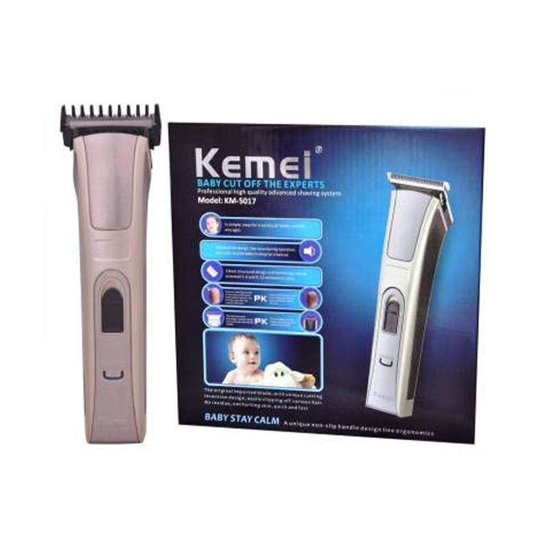 ماشین اصلاح سر و صورت کیمی مدل KM-5017 با تیغه استیل ضد زنگ، 4 شانه قابل تنظیم، طراحی ارگونومیک، باتری 600 میلیآمپر ساعت با شارژ USB و قابلیت شستوشو