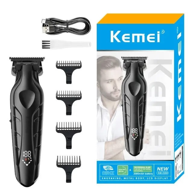 ماشین اصلاح موی سر و صورت کیمی مدل KM-2269 با تیغه کربن استیل، موتور 7000 دور در دقیقه، باتری 2000 میلیآمپر ساعت، نمایشگر شارژ و طراحی ارگونومیک