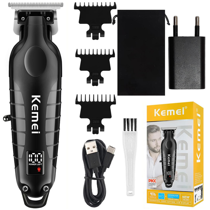 ماشین اصلاح موی سر و صورت کیمی مدل KM-2293 با تیغه کربن استیل خودتیز شونده، موتور 6000 دور در دقیقه، طراحی ارگونومیک، شانه قابل تنظیم 1 تا 3 میلیمتر و باتری 1200 میلیآمپر ساعت با شارژ و عملکرد 180 دقیقهای