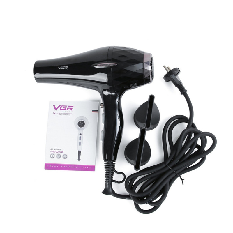 سشوار حرفهای 2200 وات وی جی ار مدل V-413، موتور AC، وزن 802 گرم، المنت سرامیک تورمالین، دارای سری متمرکزکننده باریک، متمرکزکننده پهن با ویژگی صافکنندگی، حجمدهندگی، با قابلیت باد سرد