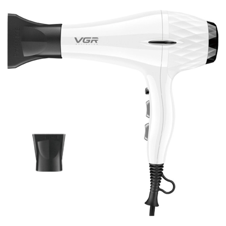 سشوار حرفهای 2200 وات وی جی ار مدل V-413، موتور AC، وزن 802 گرم، المنت سرامیک تورمالین، دارای سری متمرکزکننده باریک، متمرکزکننده پهن با ویژگی صافکنندگی، حجمدهندگی، با قابلیت باد سرد