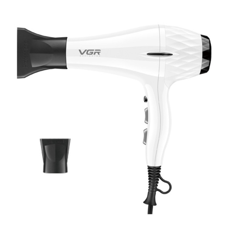 سشوار حرفهای 2200 وات وی جی ار مدل V-413، موتور AC، وزن 802 گرم، المنت سرامیک تورمالین، دارای سری متمرکزکننده باریک، متمرکزکننده پهن با ویژگی صافکنندگی، حجمدهندگی، با قابلیت باد سرد