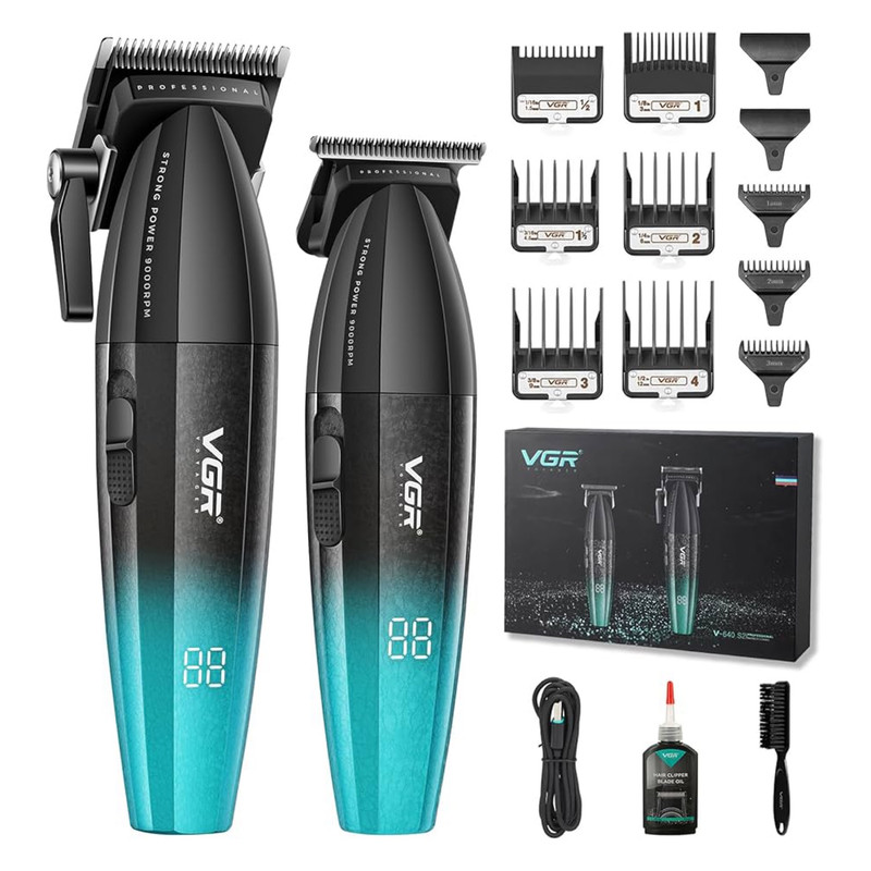 ماشین اصلاح موی سر و صورت شارژی وی جی ار مدل V-640 S2 با موتور 9000 دور در دقیقه، تیغه استیل پیشرفته خودتیزشونده، طراحی ارگونومیک، نمایشگر شارژ، قابلیت تنظیم سرعت، باتری 2000 میلیآمپر ساعت دو بسته 2 عددی