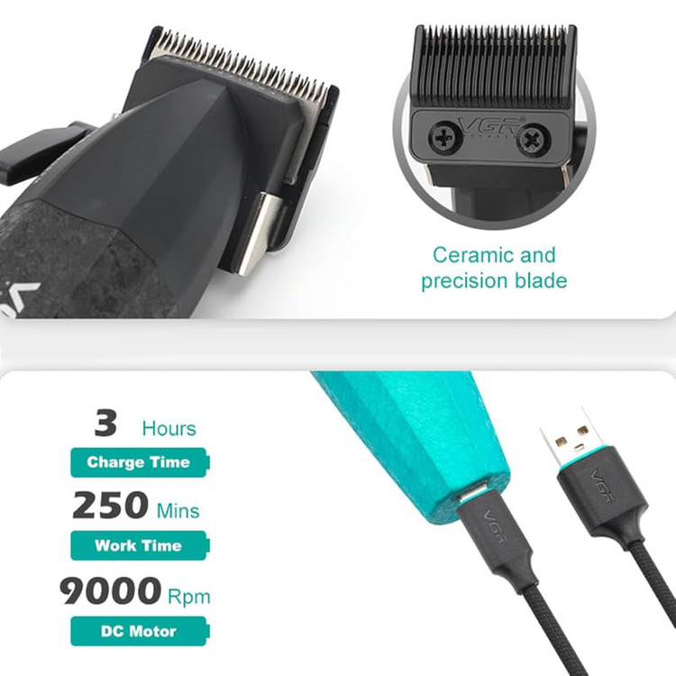 ماشین اصلاح موی سر و صورت شارژی وی جی ار مدل V-640 S2 با موتور 9000 دور در دقیقه، تیغه استیل پیشرفته خودتیزشونده، طراحی ارگونومیک، نمایشگر شارژ، قابلیت تنظیم سرعت، باتری 2000 میلیآمپر ساعت دو بسته 2 عددی