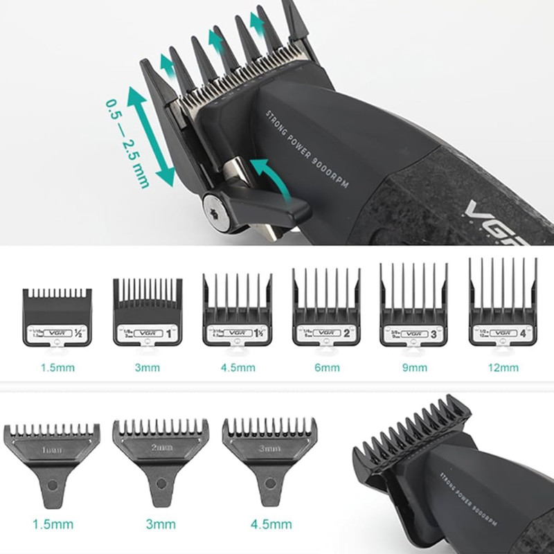 ماشین اصلاح موی سر و صورت شارژی وی جی ار مدل V-640 S2 با موتور 9000 دور در دقیقه، تیغه استیل پیشرفته خودتیزشونده، طراحی ارگونومیک، نمایشگر شارژ، قابلیت تنظیم سرعت، باتری 2000 میلیآمپر ساعت دو بسته 2 عددی