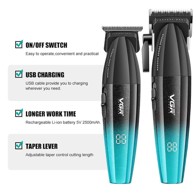 ماشین اصلاح موی سر و صورت شارژی وی جی ار مدل V-640 S2 با موتور 9000 دور در دقیقه، تیغه استیل پیشرفته خودتیزشونده، طراحی ارگونومیک، نمایشگر شارژ، قابلیت تنظیم سرعت، باتری 2000 میلیآمپر ساعت دو بسته 2 عددی