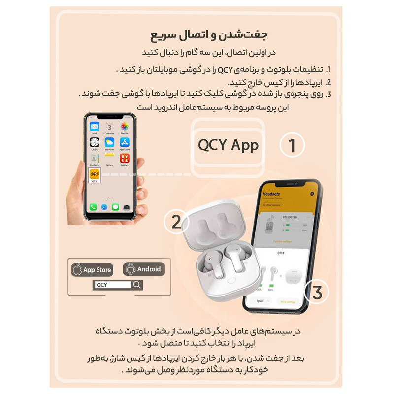 هدفون بلوتوثی کیو سی وای مدل T13 TWS با نویز کنسلینگ میکروفون (ENC)، درگاه شارژ USB Type-C، دارای میکروفون دوگانه، دارای قابلیت جداسازی صدا، مقاوم در برابر رطوبت و عرق
