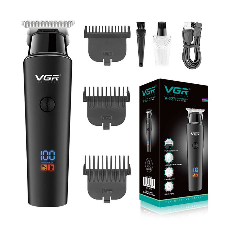 ماشین اصلاح موی سر و صورت وی جی آر مدل 937 با طراحی ارگونومیک، نمایشگر دیجیتال، باتری 2000 میلیآمپر ساعت، شارژ USB و سه شانه قابل تنظیم برای اصلاح دقیق و چند حالته