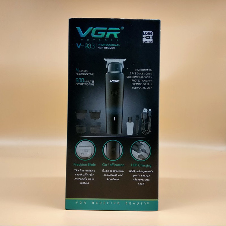 ماشین اصلاح موی سر و صورت وی جی ار مدل V-933 با تیغه استیل پیشرفته، اصلاح خط زن و حجم زن، قابلیت استفاده خشک و مرطوب، باتری قابل شارژ با 500 دقیقه کارکرد و چهار شانه تنظیم اندازه اصلاح 0.5 تا 2 میلیمتر