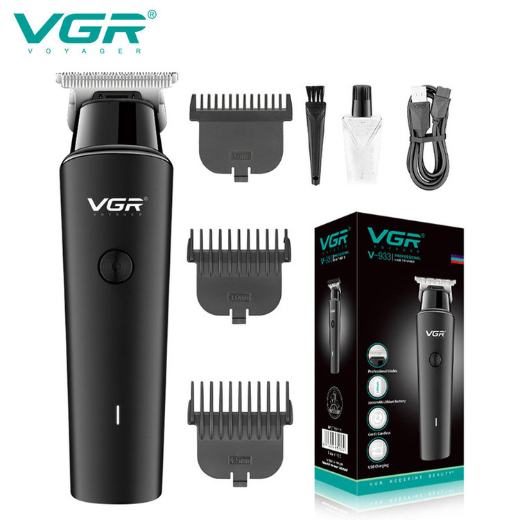 ماشین اصلاح موی سر و صورت وی جی ار مدل V-933 با تیغه استیل پیشرفته، اصلاح خط زن و حجم زن، قابلیت استفاده خشک و مرطوب، باتری قابل شارژ با 500 دقیقه کارکرد و چهار شانه تنظیم اندازه اصلاح 0.5 تا 2 میلیمتر