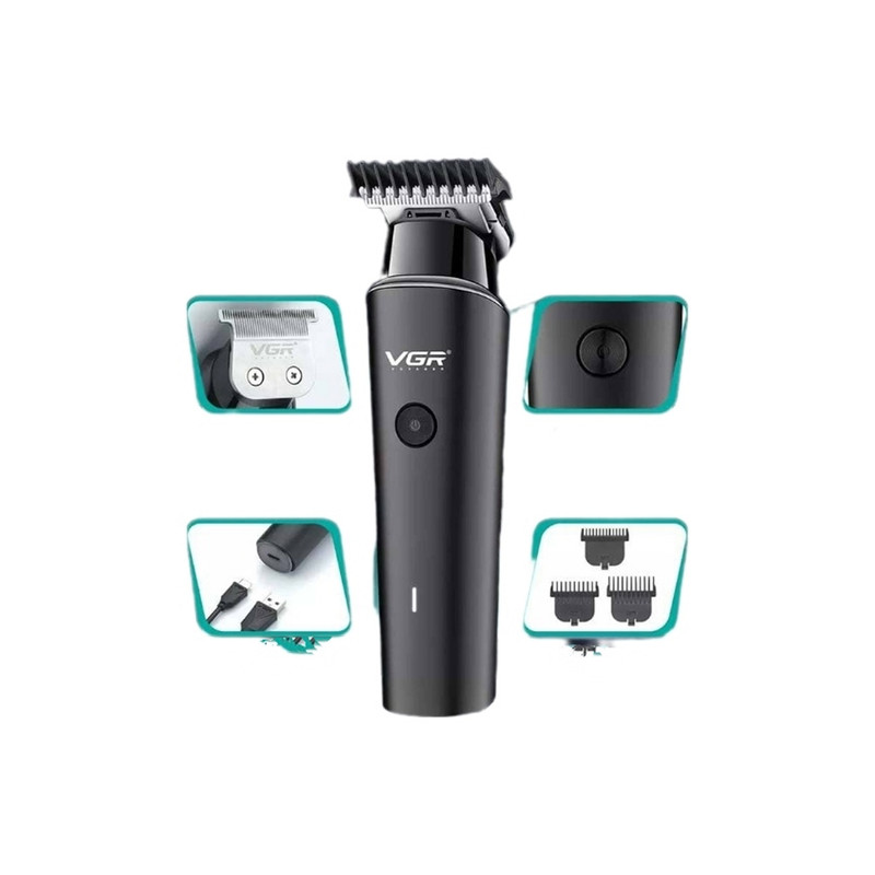 ماشین اصلاح موی سر و صورت وی جی ار مدل V-933 با تیغه استیل پیشرفته، اصلاح خط زن و حجم زن، قابلیت استفاده خشک و مرطوب، باتری قابل شارژ با 500 دقیقه کارکرد و چهار شانه تنظیم اندازه اصلاح 0.5 تا 2 میلیمتر