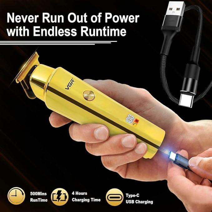 ماشین اصلاح موی سر و صورت وی جی آر مدل V-947 با تیغه استیل ضد زنگ، باتری لیتیوم یونی 2000 میلیآمپر، 500 دقیقه استفاده پس از شارژ، طراحی ارگونومیک و قابلیت اصلاح حجم زن