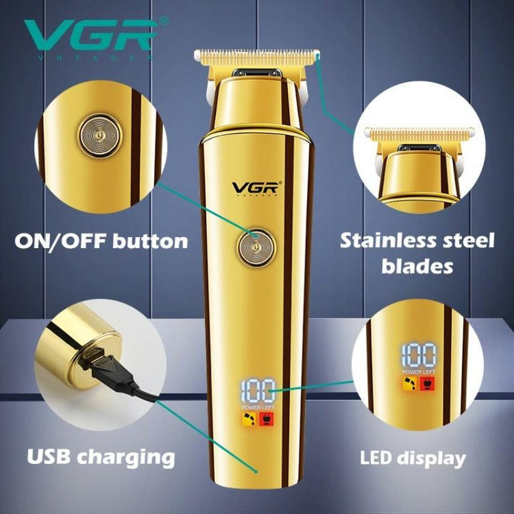 ماشین اصلاح موی سر و صورت وی جی آر مدل V-947 با تیغه استیل ضد زنگ، باتری لیتیوم یونی 2000 میلیآمپر، 500 دقیقه استفاده پس از شارژ، طراحی ارگونومیک و قابلیت اصلاح حجم زن