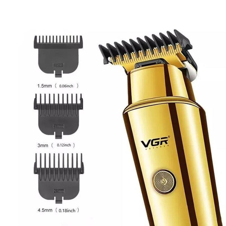 ماشین اصلاح موی سر و صورت وی جی آر مدل V-947 با تیغه استیل ضد زنگ، باتری لیتیوم یونی 2000 میلیآمپر، 500 دقیقه استفاده پس از شارژ، طراحی ارگونومیک و قابلیت اصلاح حجم زن