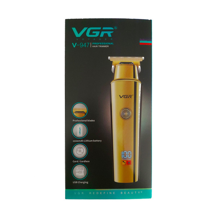 ماشین اصلاح موی سر و صورت وی جی آر مدل V-947 با تیغه استیل ضد زنگ، باتری لیتیوم یونی 2000 میلیآمپر، 500 دقیقه استفاده پس از شارژ، طراحی ارگونومیک و قابلیت اصلاح حجم زن