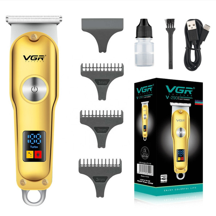 ماشین اصلاح موی صورت و بدن وی جی ار مدل V_290 با تیغه کروم و تیتانیوم خودتیز شونده، باتری لیتیوم یونی شارژی با 120 دقیقه استفاده، قابلیت تنظیم سرعت و وزن 120 گرم