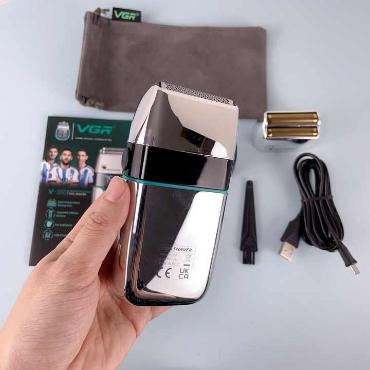 ماشین اصلاح موی صورت شارژی وی جی ار مدل V-350 با تیغه تیتانیوم، اصلاح صفر میلیمتر، باتری لیتیومی 1200 میلیآمپر، نمایشگر LED و قابلیت استفاده خشک و مرطوب