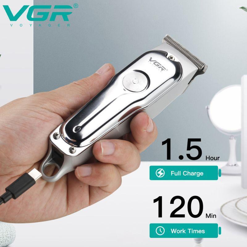 ماشین اصلاح موی صورت شارژی وی جی ار مدل 071 با تیغه استیل ضد زنگ، قابلیت تنظیم سرعت، منبع انرژی برق و باتری، همراه با 4 عدد شانه، مجموعه 2 عددی