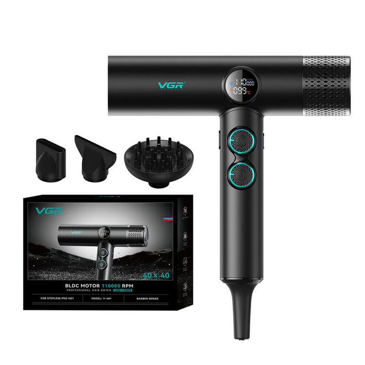 سشوار برسدار چرخشی 1900 وات وی جی ار مدل v-401، موتور AC، وزن 600 گرم، دارای سری متمرکزکننده پهن، متمرکزکننده باریک، دیسپانسر با ویژگی فرکنندگی، صافکنندگی، حجمدهندگی، با قابلیت فناوری تولید یون