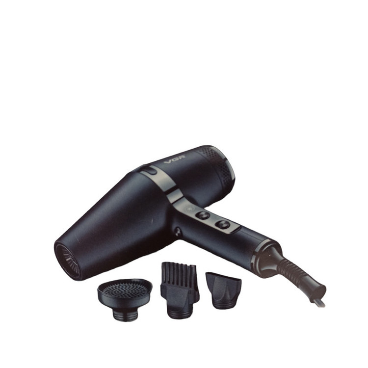 سشوار حرفهای 2200 وات وی جی ار مدل V-451، موتور AC، وزن 1200 گرم، المنت سرامیک تورمالین، دارای سری دیسپانسر، متمرکزکننده پهن، سری شانهدار با ویژگی فرکنندگی، صافکنندگی، حجمدهندگی، با قابلیت عملکرد توربو، خشککردن سریع