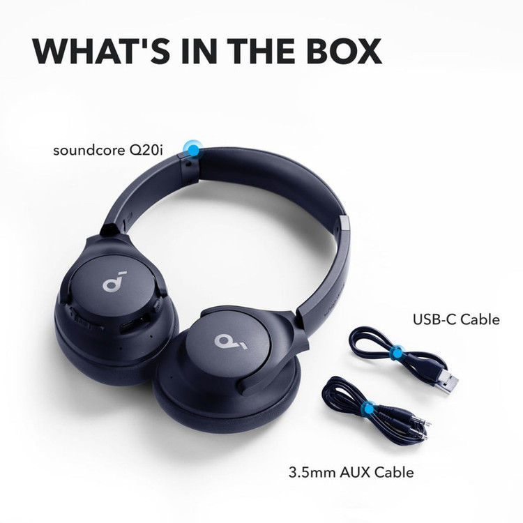 هدفون بلوتوثی انکر مدل Soundcore Q20i با نویز کنسلینگ فعال (ANC)، درگاه شارژ USB Type-C، دارای 2 میکروفون داخلی و 2 میکروفون خارجی، پشتیبانی از صدای Hi-Res از طریق کابل AUX