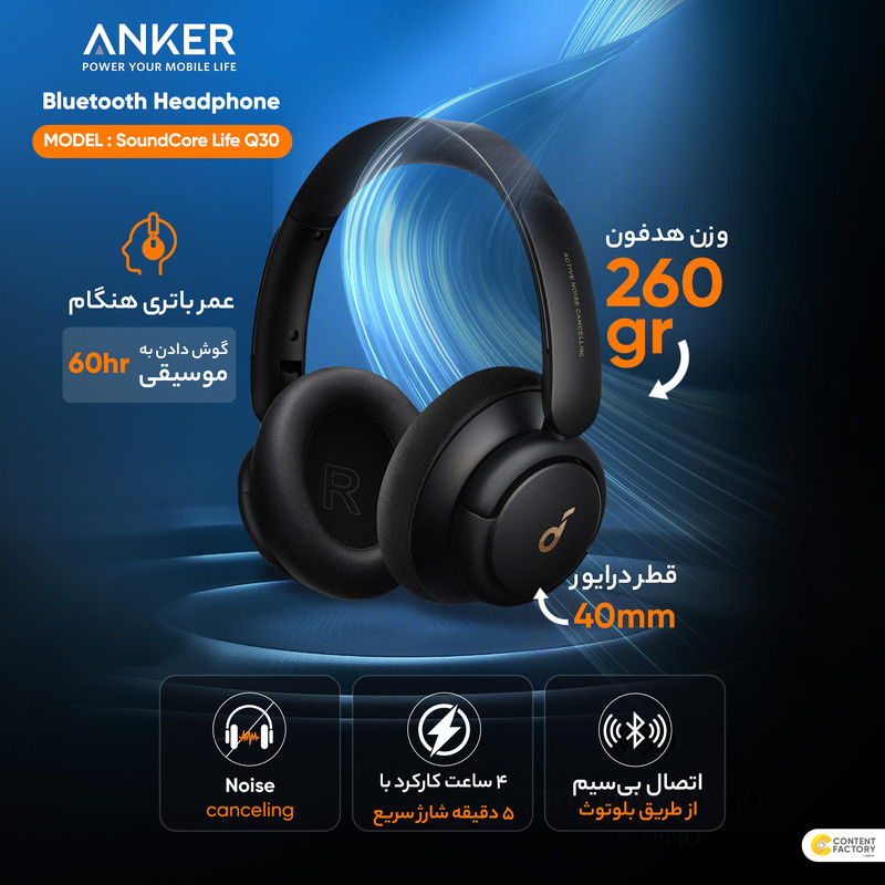 هدفون بلوتوثی انکر مدل SoundCore Life Q30 با نویز کنسلینگ فعال (ANC)، درگاه شارژ USB Type-C، دارای میکروفون دوگانه با حذف نویز، مجهز به فناوری Hi-Res Audio، دارای حالت Transparency برای شنیدن صدای محیط