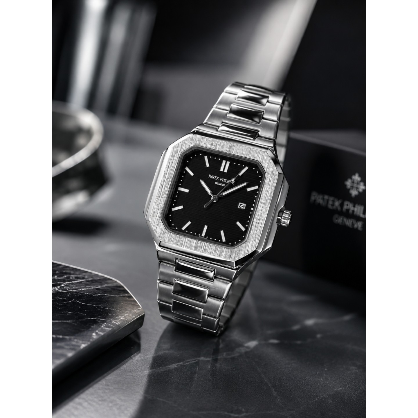 ساعت مچی مردانه پتک فیلیپ کوبیتوس مربع شب نما رنگ ثابت قفل مخفی PATEK PHILIPE