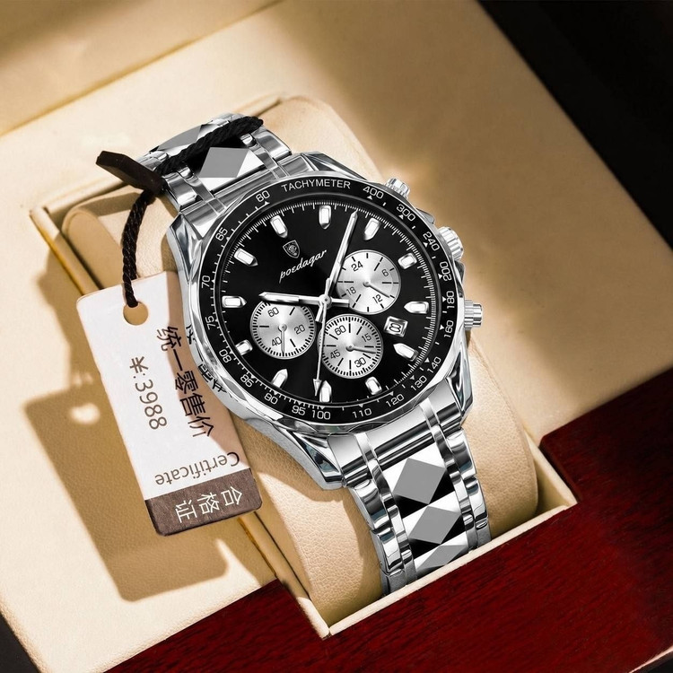 ساعت مچی مردانه پودگار اورجینال سه موتور فعال رنگ ثابت ضداب شب نما طرح الماس کیفیت خاصPOEDAGAR