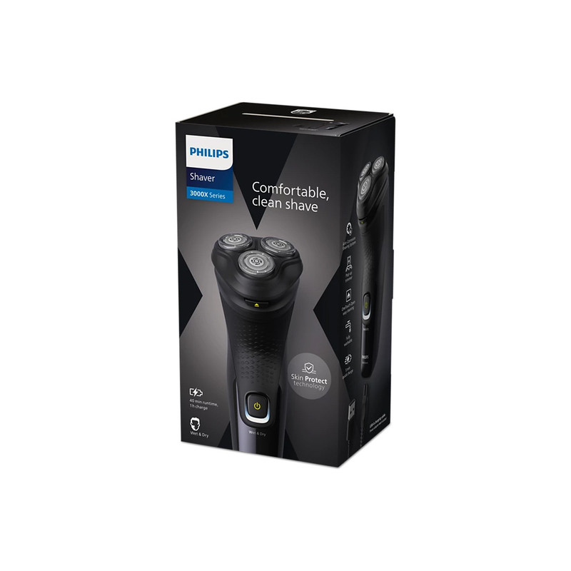 ماشین اصلاح موی صورت فیلیپس مدل X3021 با تیغه استیل ضد زنگ، اصلاح چرخشی و صفر زن، استفاده خشک و مرطوب، شارژ سریع 5 دقیقهای، شارژ کامل 60 دقیقهای برای 40 دقیقه استفاده، ضد آب و قابل شستشو و طراحی ارگونومیک