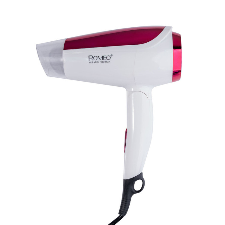 سشوار مسافرتی 1800 وات رومئو مدل RM-5959، موتور AC، وزن 350 گرم، المنت فلز، دارای سری متمرکزکننده پهن با ویژگی صافکنندگی، با قابلیت تنظیم دما