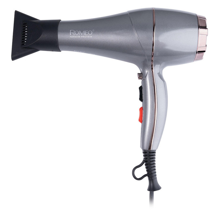 سشوار حرفهای 2200 وات رومئو مدل RM-5858، موتور AC، وزن 450 گرم، المنت فلز، دارای سری متمرکزکننده باریک با ویژگی صافکنندگی، حجمدهندگی، با قابلیت تنظیم دما، باد سرد