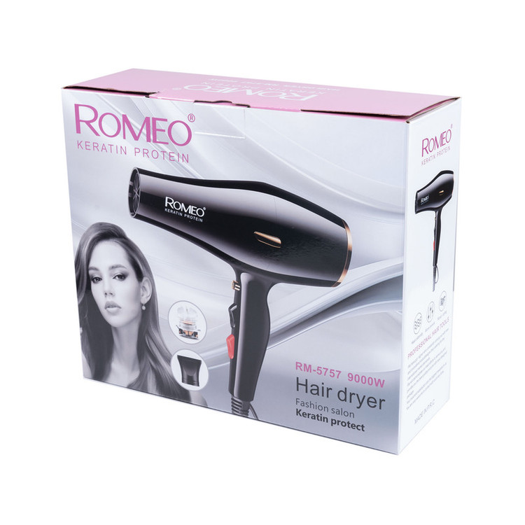 سشوار حرفهای 2400 وات رومئو مدل RM-5757، موتور AC، وزن 500 گرم، المنت فلز، دارای سری متمرکزکننده باریک با ویژگی صافکنندگی، حجمدهندگی، با قابلیت تنظیم دما