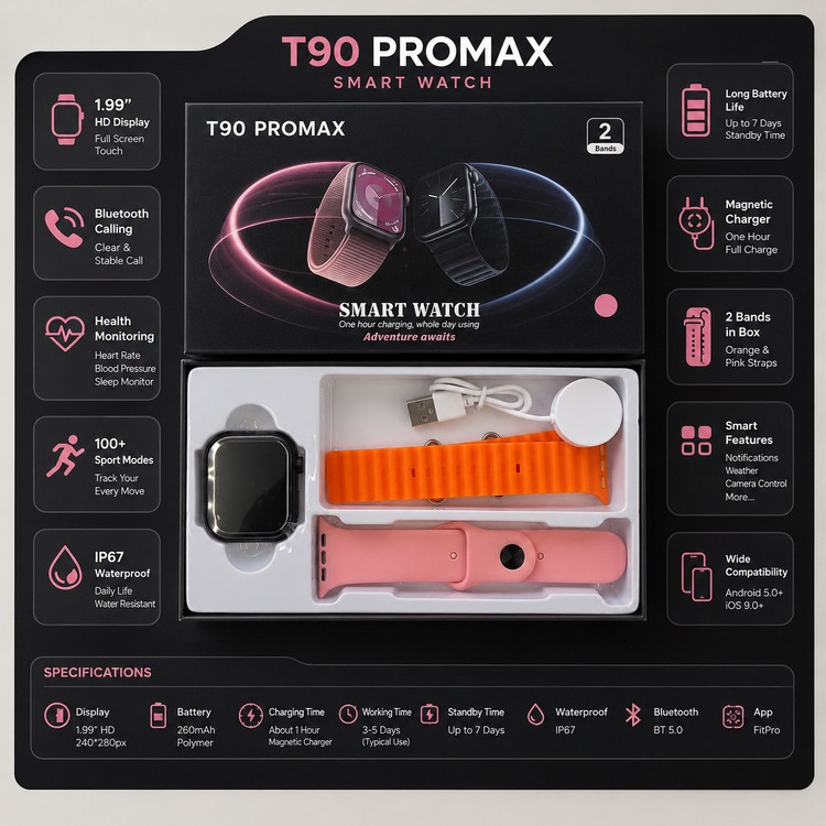 ساعت هوشمند T90 PRO MAXبا 2بند اضافه