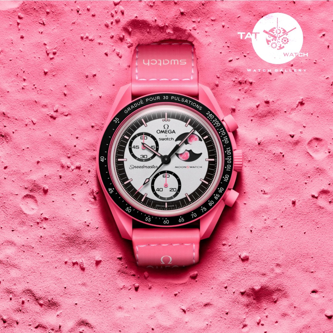 ساعت زنانه امگا سواچ ماه صورتی باربی pink moon سه موتوره کرنو گارانتی جعبه ارسال رایگان ساعت مچی omega swatch