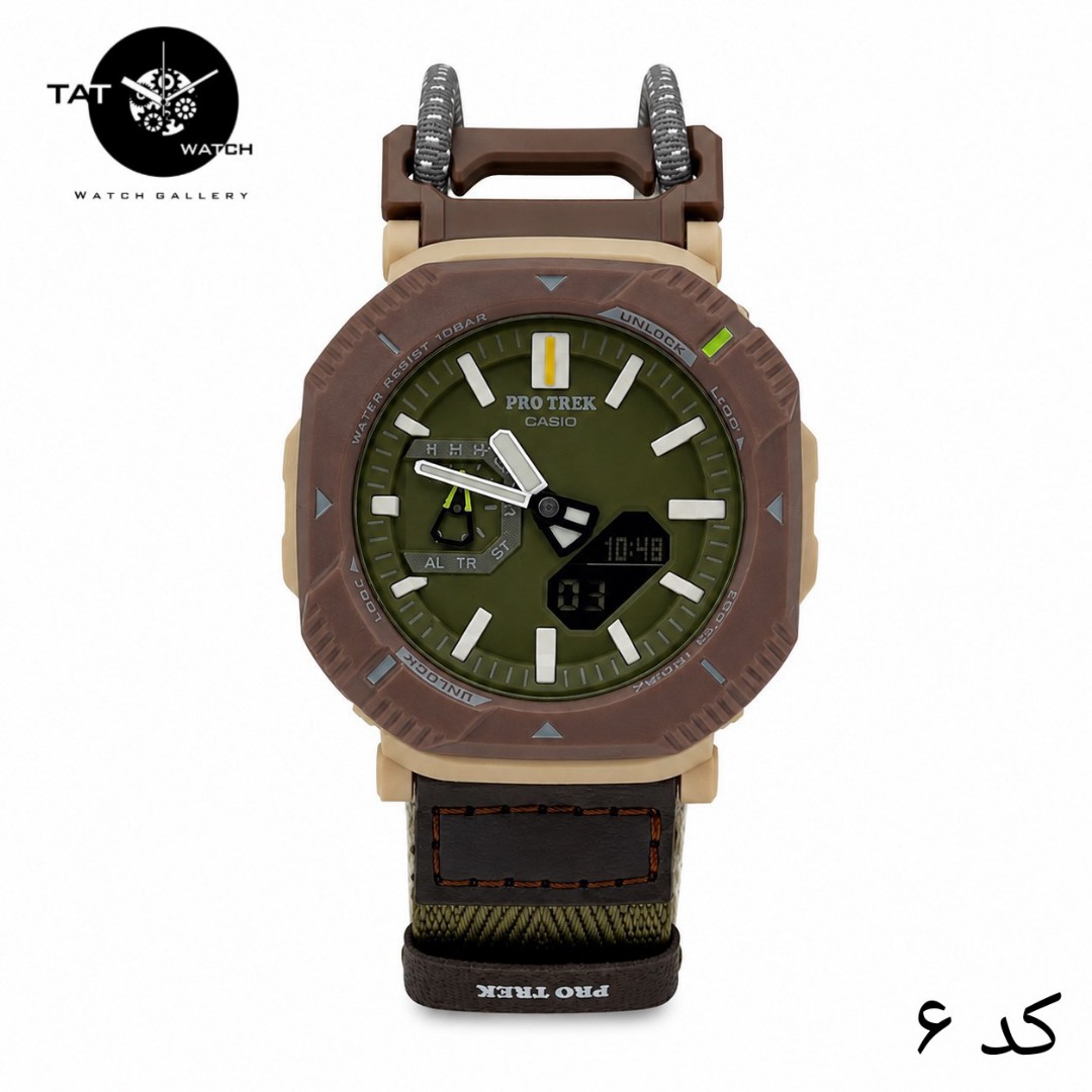 ساعت مردانه کاسیو پروترک PRJB001 با جعبه بند برزنتی کشی موتور ژاپن فول آپشن ساعت مچی کوهنوردی کمپینگ Casio Protrek