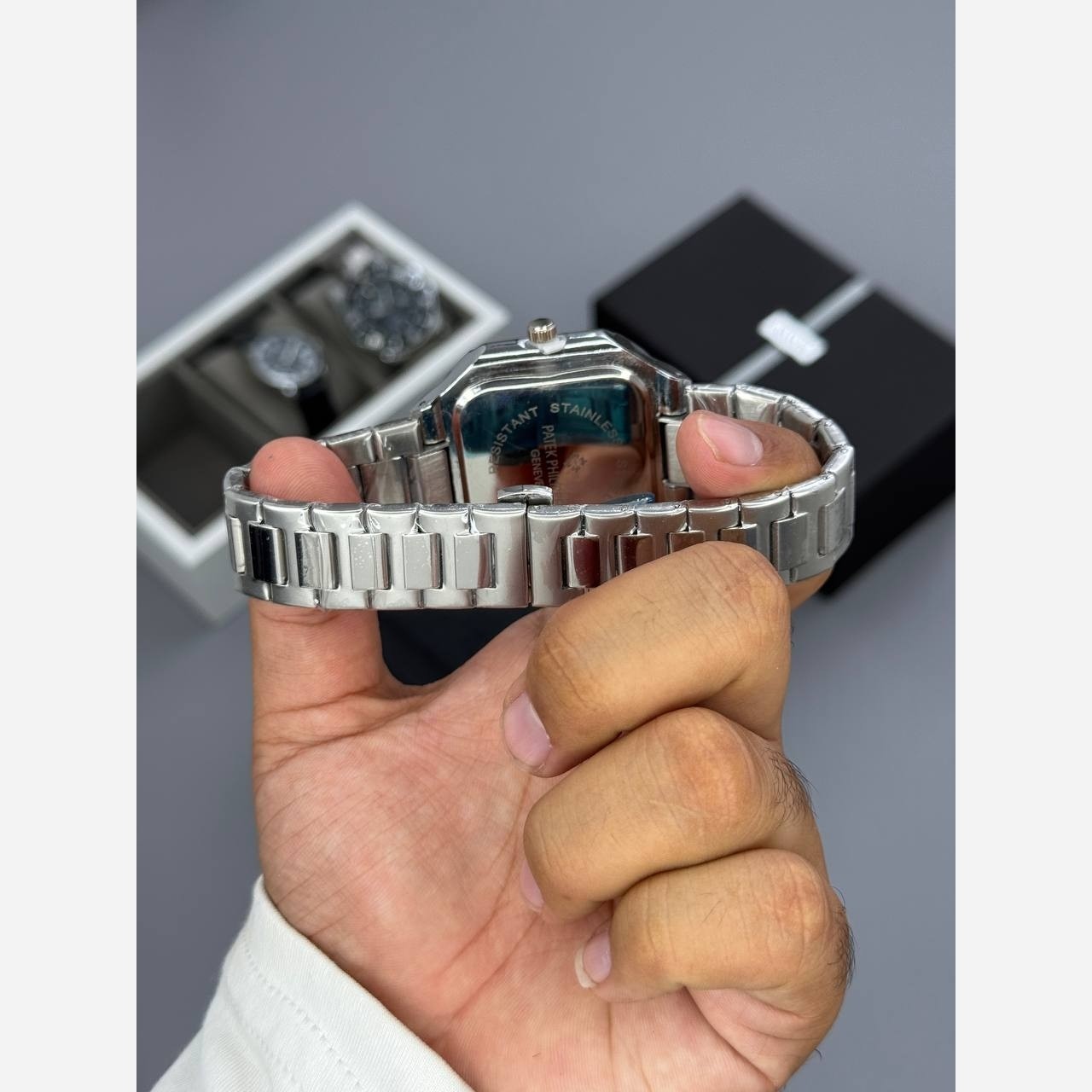 ساعت مچی مردانه پتک فیلیپ کوبیتوس مربع شب نما رنگ ثابت قفل مخفی PATEK PHILIPE