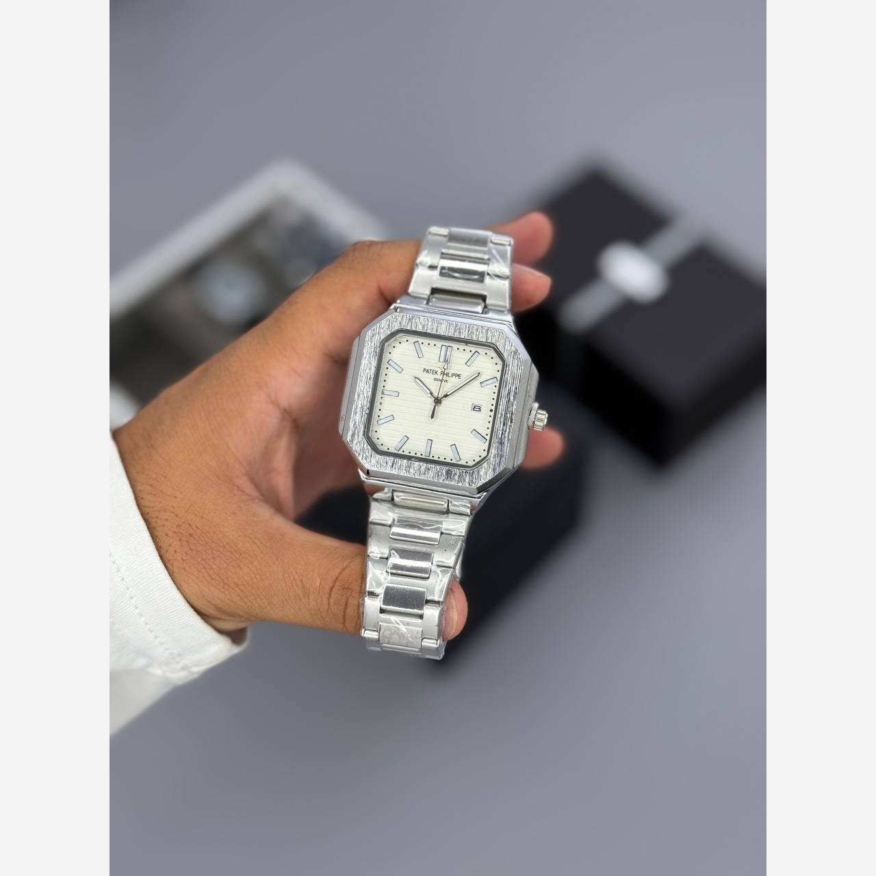 ساعت مچی مردانه پتک فیلیپ کوبیتوس مربعی شب نما رنگ ثابت قفل مخفی PATEK PHILIPE