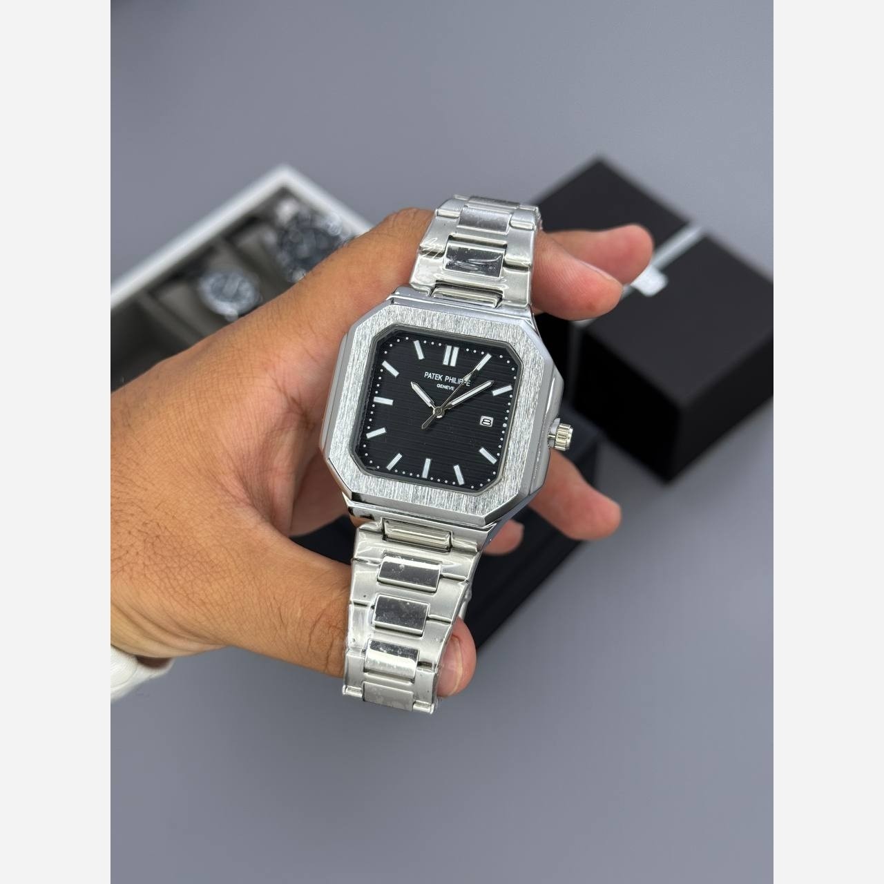 ساعت مچی مردانه پتک فیلیپ کوبیتوس مربعی شب نما رنگ ثابت قفل مخفی PATEK PHILIPE