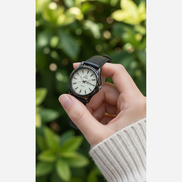 ساعت مچی مردانه امگا بند چرم درجه یک دوتقویم رنگ ثابت کیفیت بینظیر