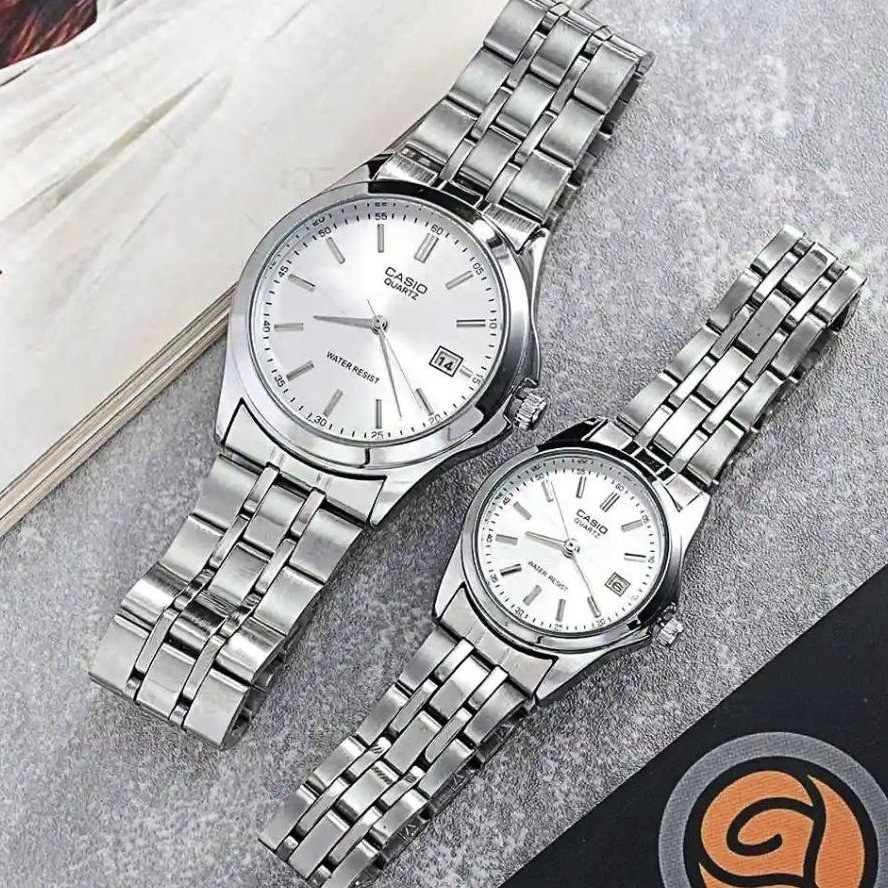 ساعت مچی ست زنانه مردانه CASIO بند نقره ای صفحه سفید اورجینال