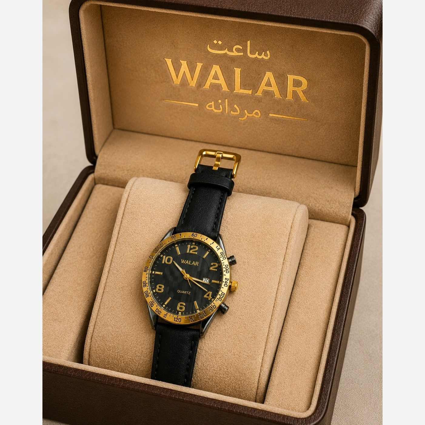 ساعت مچی مردانه صفحه گرد مدل WALAR بند چرمی کیفیت بالا موتور ژاپنی