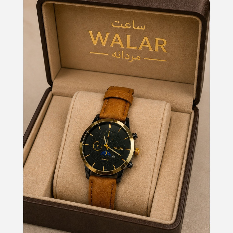 ساعت مچی مردانه صفحه گرد مدل WALAR بند چرمی کیفیت بالا موتور ژاپنی