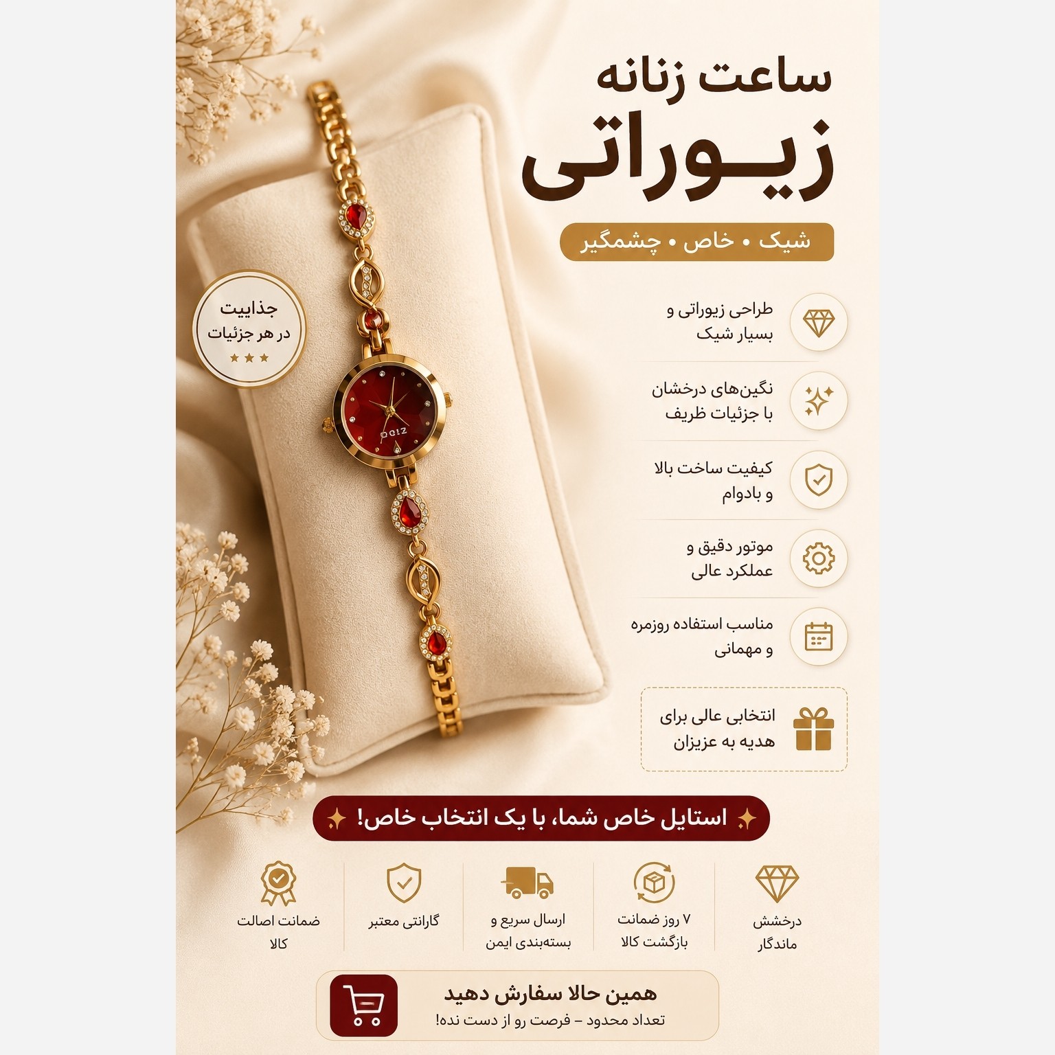 ساعت زنانه نگین دار طلایی مدل zido درخشنده فلزی