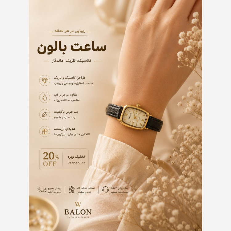 ساعت زنانه بالون بند چرم ظریف طرح نگین بهترین کیفیت بازار