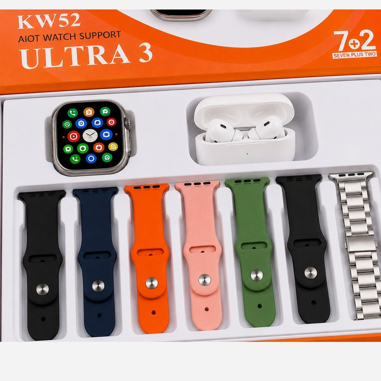 ساعت هوشمند KW52 ULTRA3 با ایرپاد و (7بند با بند فلزی) سوپر امولد ضربان قلب اکسیژن خون(فروش تک به قیمت عمده)