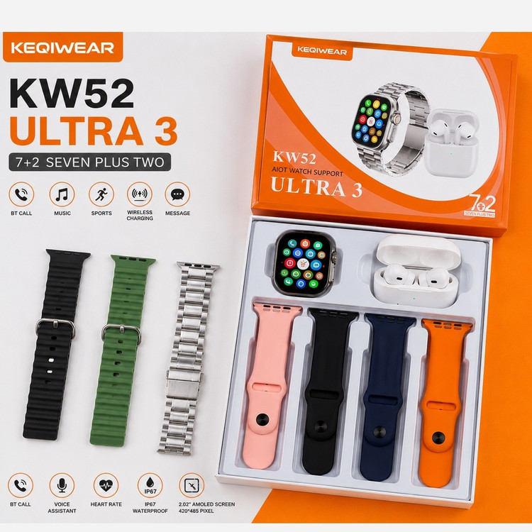 ساعت هوشمند KW52 ULTRA3 با ایرپاد و (7بند با بند فلزی) سوپر امولد ضربان قلب اکسیژن خون(فروش تک به قیمت عمده)